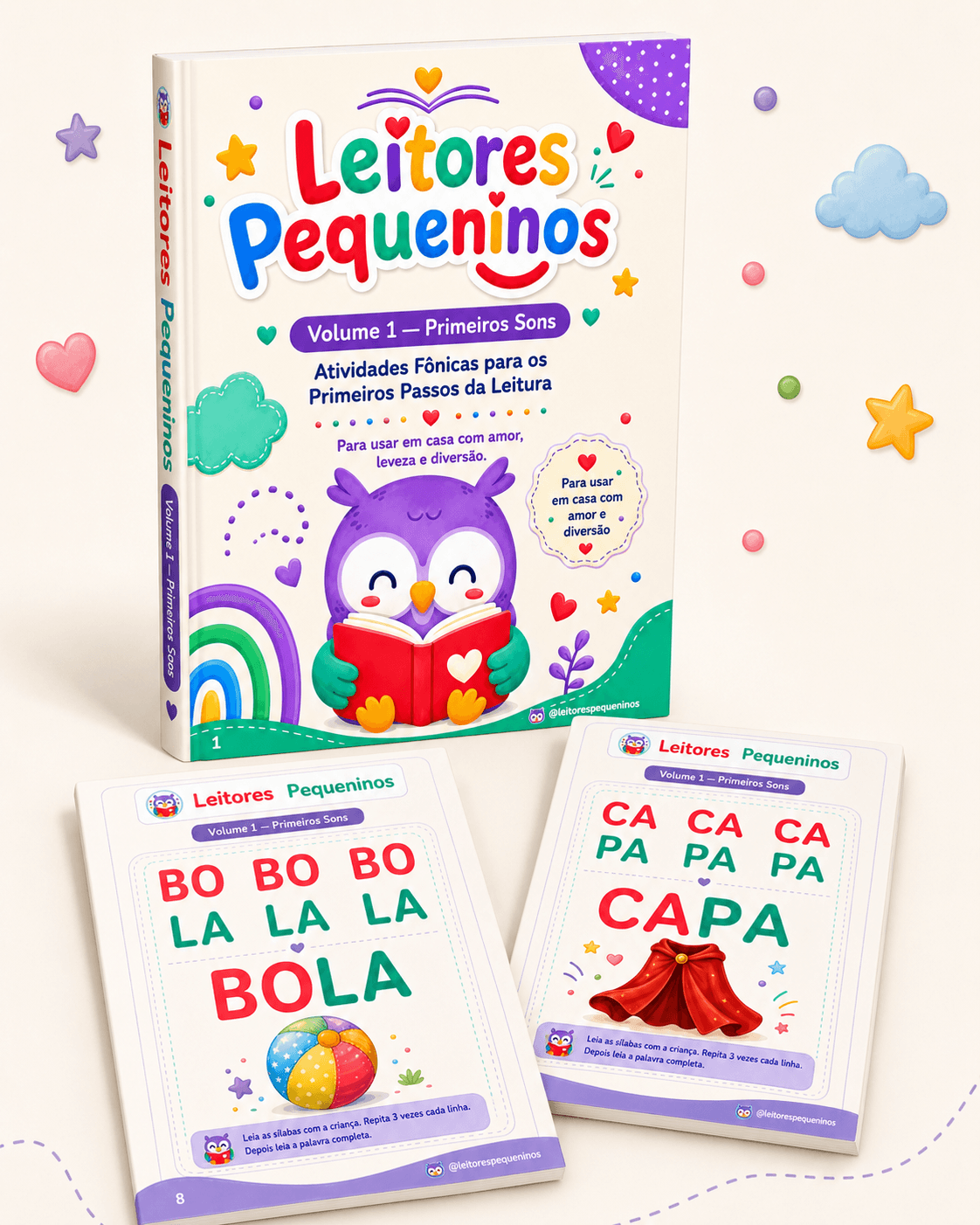 Mockup oficial do Leitores Pequeninos Volume 1 com páginas de atividades